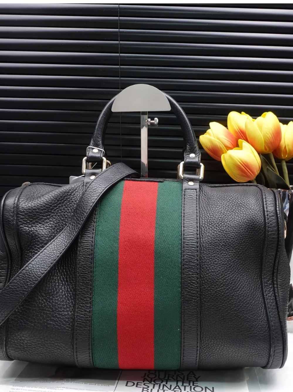 Gucci Vintage Medium Web Boston Bag Black Pebbled Leather Crossbody